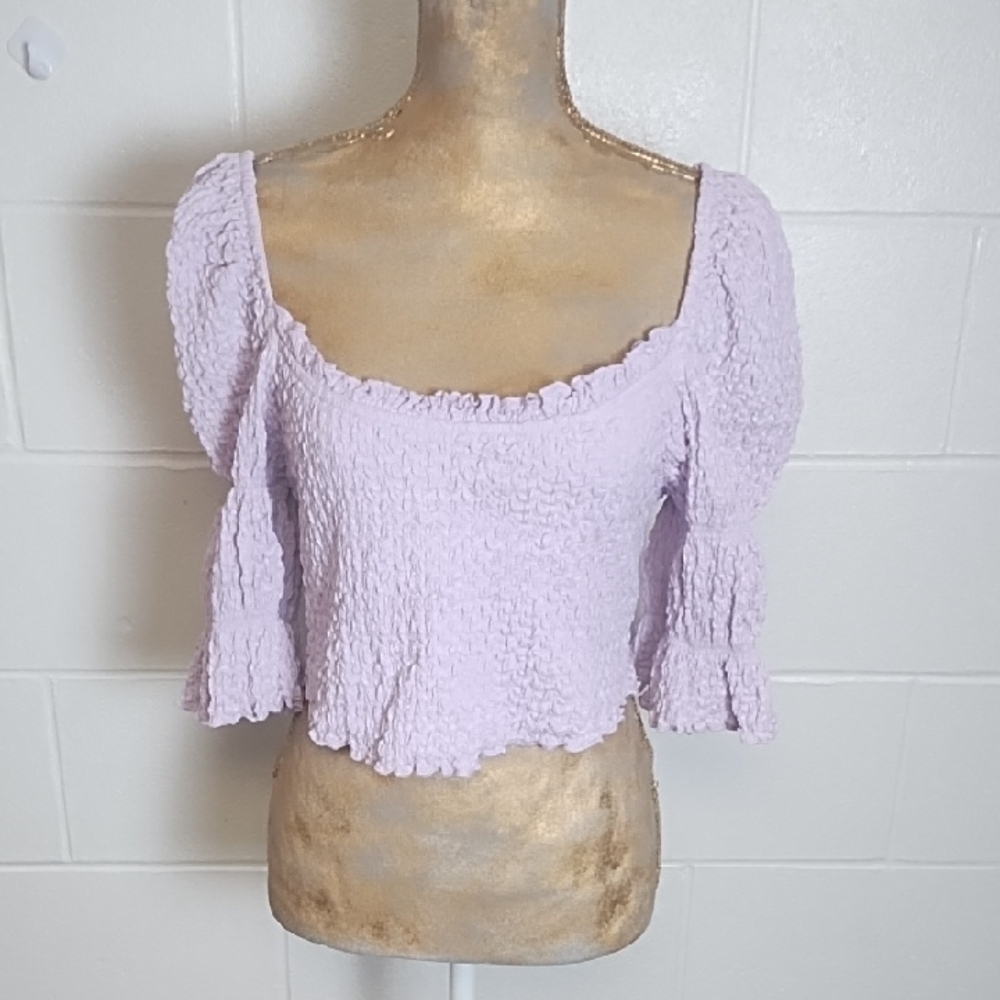 Anthorpology Mustard Seed Lavender Puff Sleeve Stretchy Smocked Crop Top